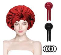 ZWQLZG 2 Pcs Silk Bonnet Hair Bonnet for Sleeping Satin Bonnet with Adjustable String Ties, Soft Elastic Band Pleated Hair Bonnets Silk Sleep Cap for Bath,Long Curly Braid Hair 2 Colors Black/Red