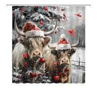 ZWSMZW Christmas Farmhouse Highland Cow Shower Curtain Rustic Pine Trees Xmas Ball Red Birds Winter Snowflake Farm Animals Bathroom Decor Fabric Curtains with Hooks 70" L x 70" W
