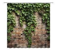 ZWSMZW Green Leaves Shower Curtain Brick Wall Garden Landscape Nature Plant Rustic Country Red Brown Stone Wall Creative Bathroom Decor Fabric Curtains with Hooks