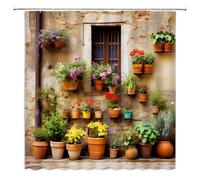 ZWSMZW Italian Shower Curtain European Street Garden Old Wall Nature Flower Potted Plant Vintage Mediterranean Scene Bathroom Decor Fabric Curtains with Hooks