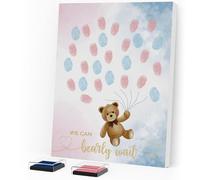 ZWV Gender Reveal Fingerprint Tree Canvas Guest Books, We Can Bearly Wait Fingerprint Tree Canvas - Gender Reveal Keepsake Sign with Animal, Bear Prediction Guest Book Ink Pad -24