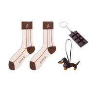 ZWWOGE Dachshund Gift Set, Dachshund Socks & Chocolate Keyring, Leather Bag Charm Lucky Charm, Cute Dog Gifts for Animal Lovers