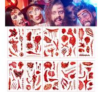 ZWYYTHC 10 Sheets Halloween Zombie Temporary Tattoos, Waterproof Realistic Wound Stitch Face Body Makeup Sticker, Fake Scars Blood Tattoos for Zombie Makeup SFX Cosplay Kids Men Women