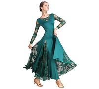 ZX Women's Ballroom Dance Dress Lace Sleeve Long Swing Skirt Professional Competition Modern Waltz Cha Cha Dress - Green - Large