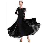 ZX Women's Ballroom Dance Dress Lace Sleeve Long Swing Skirt Professional Competition Modern Waltz Cha Cha Dress - Black - Large