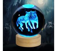 ZXBLAQ 3D Wolf Crystal Ball Night Light - 3.15 Inch Glass Lamp With 16 Color LED Wooden Base, Statue Decor for Birthday, Holiday, Christmas Gifts