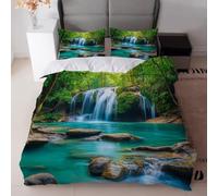 ZXBNNN 3pcs Forest Waterfall Print Bedding Set - Green Blue Vibrant Nature Scene Waterfall Lush Greenery, for Bedrooms Guest Rooms(210x245cm*1/60x60cm*2)