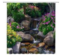 ZXBNNN Nature Waterfall Shower Curtain, Green Leaves Wildflower Stream Forest Shower Curtains For Bathroom, Home Decor 183x200cm(72.05x78.74in)