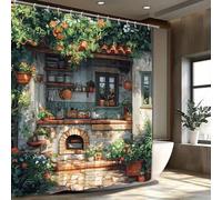 ZXBNNN Rustic Kitchen Garden Shower Curtain Stone Wall Climbing Plants,Red Orange Blooms,Cobblestone Path,European Village Aesthet(140x220cm(55.12x86.61in))