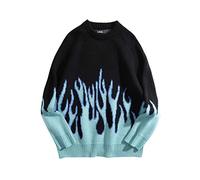 ZXCL Hip Hop Sweater Pullover Men Women Blue Fire Flame Knitted Oversized Sweater Harajuku Streetwear Tops Casual Couple Sweater 2021-One Size,Blue