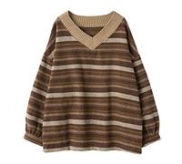 ZXCL V Neck Knitted Sweaters Women Winter Stripe Pullover Retro Ladies Jumper Harajuku Oversized Loose Sweater Jersey