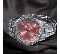 ZXCM THE Big Dial Full Iced Out Colored Watches Stainless Steel Fashion Luxury Rhinestones Quartz Wristwatches Business Watch-silver pink