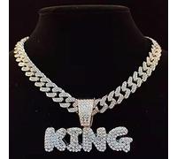 zxcs Men Hip Hop Letters Pendant Necklace with 13mm Miami Cuban Chain Iced Out Bling HipHop Necklaces Male Charm Jewelry-Silver Plated,16inch(40cm)