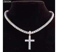 zxcs Men Women Hip Hop Cross Pendant Necklace with 4mm Zircon Tennis Chain Iced out Bling Necklaces HipHop Jewelry Fashion Gift-silver tennis chain,16inch(40cm)