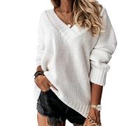 ZXCW 2021 Long Knitted Autumn Women Oversize Sweater Winter V Neck Blue Thick Knit Pullover Sleeve White Warm Sweaters Women-S,White