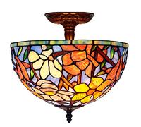 ZXDTVFGN 12" Tiffany Kapok Ceiling Light Fixture Stained Glass Semi Flush Mount Lamp,Victorian Style Metal Decor Chandeliers for Bedroom Kitchen Dining Living Room Hallway, Ø30*27cm Made in