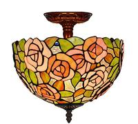 ZXDTVFGN 12" Tiffany Style Ceiling Light Fixture Stained Glass Semi Flush Mount Lamp,2 Light, Traditional Dimmable Metal Decor Chandeliers for Bedroom Kitchen Dining Living Room Entry Hallw