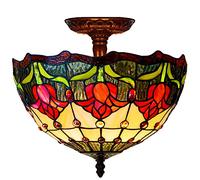 ZXDTVFGN 12" Tiffany Style Ceiling Light Fixture Stained Glass Semi Flush Mount Lamp,2 Light, Traditional Dimmable Metal Decor Chandeliers for Bedroom Kitchen Dining Living Room Entry Hallw