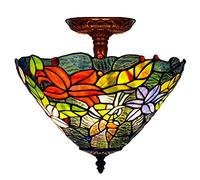 ZXDTVFGN 12" Tiffany Style Ceiling Light Fixture Stained Glass Semi Flush Mount Lamp,2 Light, Traditional Dimmable Metal Decor Chandeliers for Bedroom Kitchen Dining Living Room Entry Hallw