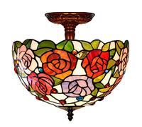 ZXDTVFGN 12" Tiffany Style Ceiling Light Fixture Stained Glass Semi Flush Mount Lamp,2 Light, Traditional Dimmable Metal Decor Chandeliers for Bedroom Kitchen Dining Living Room Entry Hallw