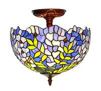 ZXDTVFGN 12" Tiffany Style Ceiling Light Fixture Stained Glass Semi Flush Mount Lamp,2 Light, Traditional Dimmable Metal Decor Chandeliers for Bedroom Kitchen Dining Living Room Entry Hallw