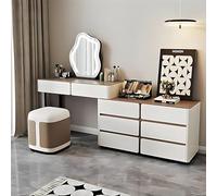 ZXDTVFGN Vanity Set Makeup Vanity Table With Mirror And LED Lights Modern Desk Set Includes Wood Grain Rock Board Countertop And Makeup Stools Expandable Side Dresser