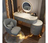 ZXDTVFGN Vanity Set Modern Vanity Table With Smooth Rock Plate Countertop Luxurious Dressing Table With Metal Support Legs And LED Smart Mirror Includes Makeup Chair And Side Cabinet Drawers