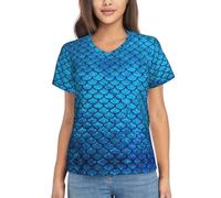 ZXERTG Blue Fish Scale Print Women Classic V-Neck T-Shirts,for Any Casual Setting,Work,Travel and Everyday Wear