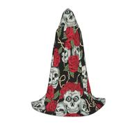 ZXERTG Skull And Red Rose Print Hooded Cloak For Halloween Costumes,Perfect For Wizard,Vampire,Grim Reaper More Cosplay
