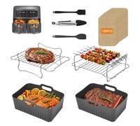 zxevg Air Fryer Accessories 8PCS Silicone Liners Rack | Complete air fryer set with silicone liners, grill rack, paper liners & oil brush. For 7.6L-9.5L dual air fryers