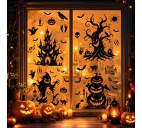 zxevg Halloween Window Stickers 82Pcs 4 Sheets Ravens Bats Pumpkins Ghosts | Double-sided reusable clings with ravens, bats, pumpkins, ghosts & lanterns. For spooky parties & windows.