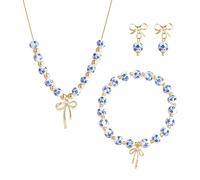 Zxfdsfdbnm Ceramic Bowknot Bead Jewelry Set for Women Classical Blue and White China Pattern Necklace Ear Accessory Classical China Pattern