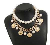 Zxfdsfdbnm Modern Vintage Double Layer Imitation Pearls Bead Choker Medallions Pendant Necklace Accessory For Fashion Lovers