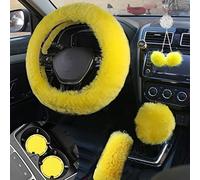 ZXGHIJJ Fluffy Car Accessories Set, Fur Cute Fluffy Steering Wheel Cover Set for Women & Furry Handbrake & Gear Shift Covers & Car Rearview Mirror Pendant & 2 Pieces Bling Coasters (Yellow)
