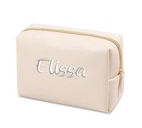 ZXH Personalized Embroidery Makeup Bag Portable PU Saffiano Name Waterproof Toiletry Cosmetic Bags Travel Makeup Bag Small/Medium/Large Cosmetic Bag for Man Woman Custom Name Logo, biege, Medium