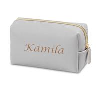 ZXH Personalized Embroidery Makeup Bag Portable PU Saffiano Name Waterproof Toiletry Cosmetic Bags Travel Makeup Bag Small/Medium/Large Makeup Bag for Man Woman Custom Name Logo, Grey, S