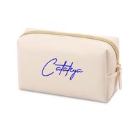 ZXH Personalized Embroidery Makeup Bag Portable PU Saffiano Name Waterproof Toiletry Cosmetic Bags Travel Makeup Bag Small/Medium/Large Makeup Bag for Man Woman Custom Name Logo, Beige, S