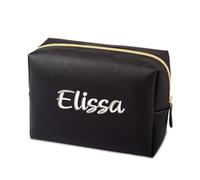 ZXH Personalized Embroidery Makeup Bag Portable PU Saffiano Name Waterproof Toiletry Cosmetic Bags Travel Makeup Bag Small/Medium/Large Makeup Bag for Man Woman Custom Name Logo, Black, L