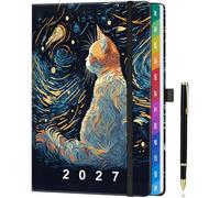 ZXHQ A5 Diary 2027 Week to View, Jan - Dec 2027 Full Year Weekly and Monthly Planner, Colorful Monthly Tabs, UK Holiday, with Pen, Inner Pocket - (5.9" × 8.5") - Starry Cat