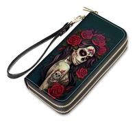 ZXHSBROK Blood red Cross Print Wallet for Women with Credit Card Holder Coin Money Clip PU Leather Double Zip Around Clutch Wallet, Sugar Skull Girl Roses