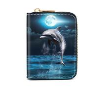 ZXHSBROK Credit Card Holder Leather Wallets for Women, Pocket Card Case with Zipper, Fox, Dolphin Under the Moon, Fashions