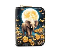 ZXHSBROK Credit Card Holder Leather Wallets for Women, Pocket Card Case with Zipper, Lion, Elephants and Flowers Under the Moon, Fashions