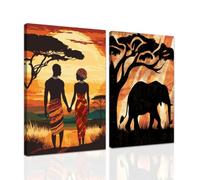 ZXHYWYM 2 Piece African American Wall Art Africa Grassland Tribes Ethnic Canvas Prints Black Man and Women Art Painting Elephant Pictures Home Decor Framed (40x60cmx2)