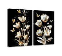 ZXHYWYM 2 Piece Flower Canvas Wall Art Black White and Gold Wall Decor 3D Relief Floral Painting Prints Floral Butterfly Textured Artwork Abstract Home Decor Framed 40x60cmx2