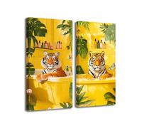 ZXHYWYM 2 Piece Funny Bathroom Wall Art Set Tiger Bathroom Wall Decor Yellow Tiger in Bathtub Picture Jungle Animal Canvas Print for Restroom Bath Home Decor Framed 20x40cmx2
