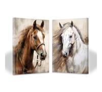 ZXHYWYM 2 Piece Horse Wall Art White Horse Painting Brown Horse Picture Wild Animal Canvas Print for Western Farmhouse Bedroom Office Decor Framed (B, (28x35cmx2))