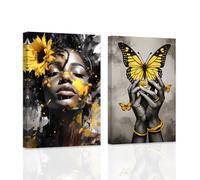 ZXHYWYM 2 Pieces African American Wall Art Black Woman Hand With Butterfly Picture Black Yellow Gray Wall Decor Sunflower Gril Canvas Print Framed (A, (30x40cmx2))