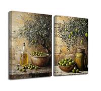 ZXHYWYM 2Pcs Green Olive Wall Art Vintage Kitchen Pictures Rustic Farmhouse Botanical Paintings Fruit Trees Picture Still Life Artwork Prints Dining Room Wall Decor (Dark, 16x24inx2 Pieces)