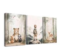 ZXHYWYM 3 Pcs Adventure Nursery Wall Art Woodland Animal Picture Wall Decor Watercolor Mountain Poster Boy Girl Artwork Foggy Forest Canvas Prints Kids Room (Beige, (28x35cmx3 Pieces))