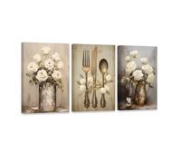 ZXHYWYM 3 Piece Canvas Wall Art for Kitchen Farmhouse Flowers Painting Retro Fork Knife Spoon Pictures Print Kitchenware Artwork for Dining Room Restaurant Framed (A, (40x60cmx3))
